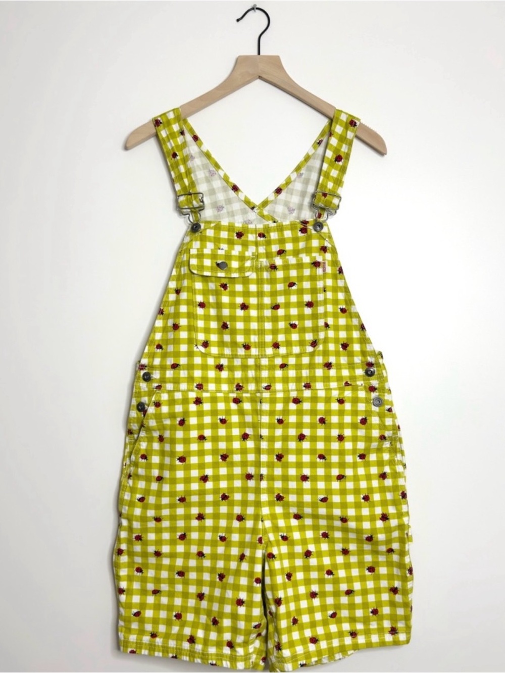 Duluth Trading Co womens wild card cotton canvas bibs overalls ladybug gingham